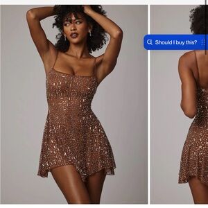 Oh Polly Durrani sheer embellished scoop neck mini dress in Mocha